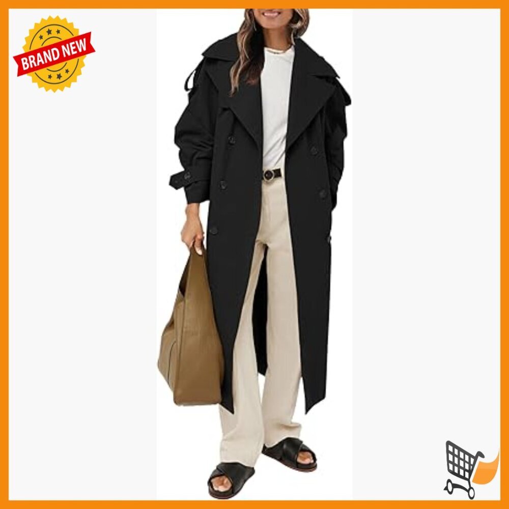 Oversized Long Trench Coat Double Breasted Windproof Overcoat with Belt
